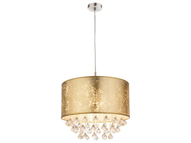 Pendelleuchte AMY mit Stoff Lampenschirm Gold & Kristall Behang, Ø 40cm