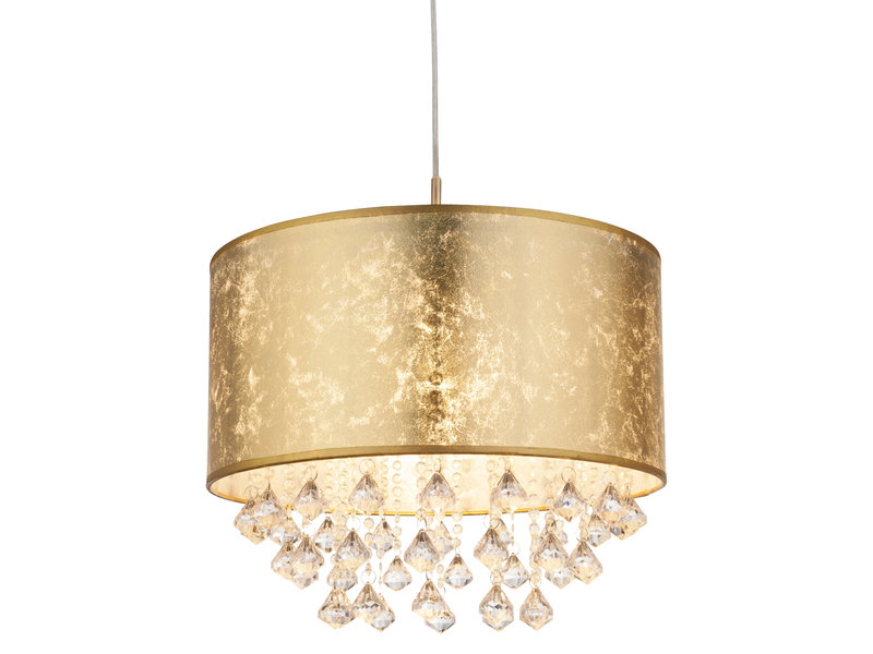 Pendelleuchte AMY mit Stoff Lampenschirm Gold & Kristall Behang, Ø 40cm