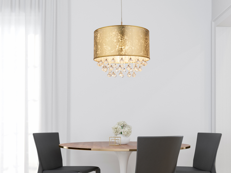 Pendelleuchte AMY mit Stoff Lampenschirm Gold & Kristall Behang, Ø 40cm