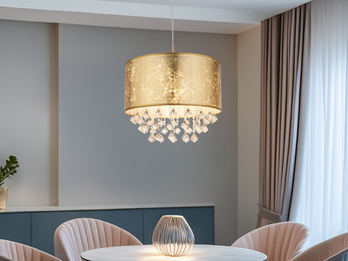 Pendelleuchte AMY mit Stoff Lampenschirm Gold & Kristall Behang, Ø 40cm
