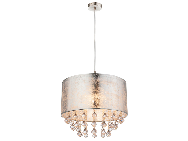 Pendelleuchte AMY mit Stoff Lampenschirm Silber & Kristall Behang, Ø 40cm