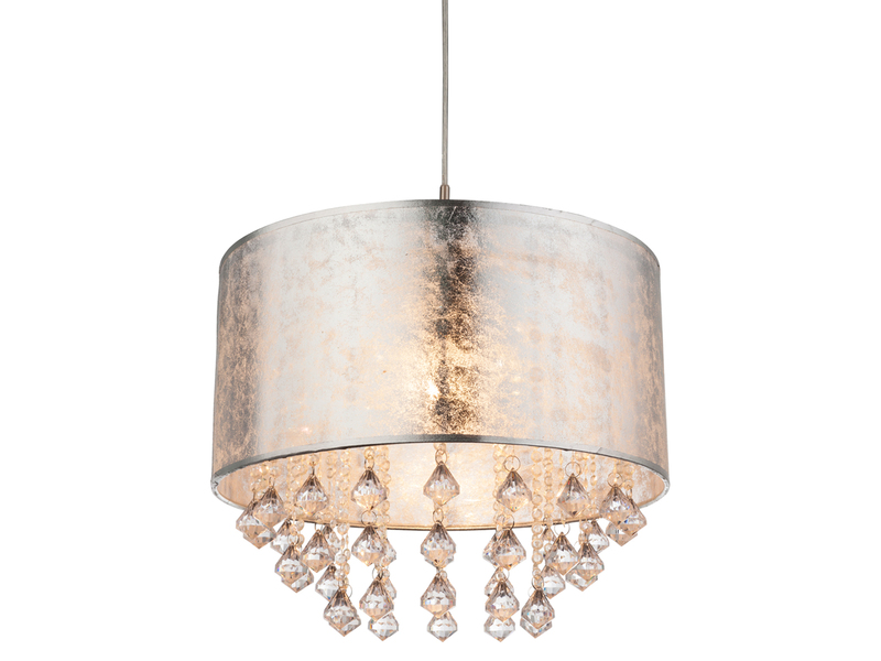 Pendelleuchte AMY mit Stoff Lampenschirm Silber & Kristall Behang, Ø 40cm