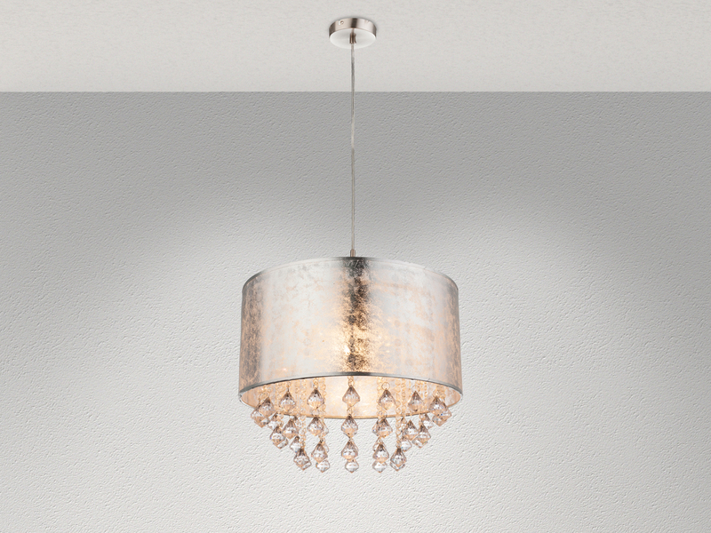 Pendelleuchte AMY mit Stoff Lampenschirm Silber & Kristall Behang, Ø 40cm