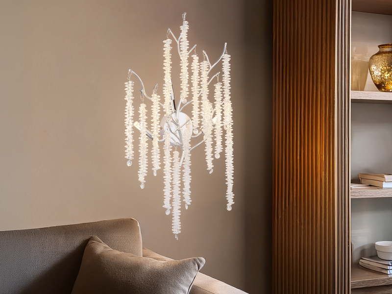 Ausgefallene Wandleuchte LAVERNE Silber Chrom mit Kristall, Höhe 60cm