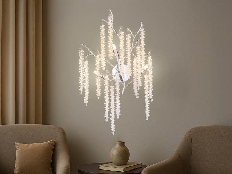Ausgefallene Wandleuchte LAVERNE Silber Chrom mit Kristall, Höhe 60cm