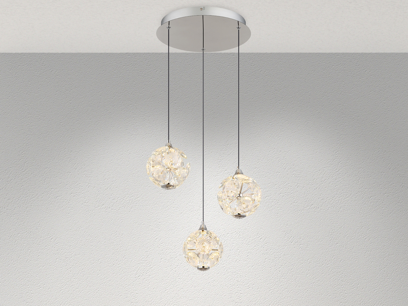 LED Pendelleuchte VIRINA 3-flammig Silber mit Kristall Glaskugeln, Ø 41cm