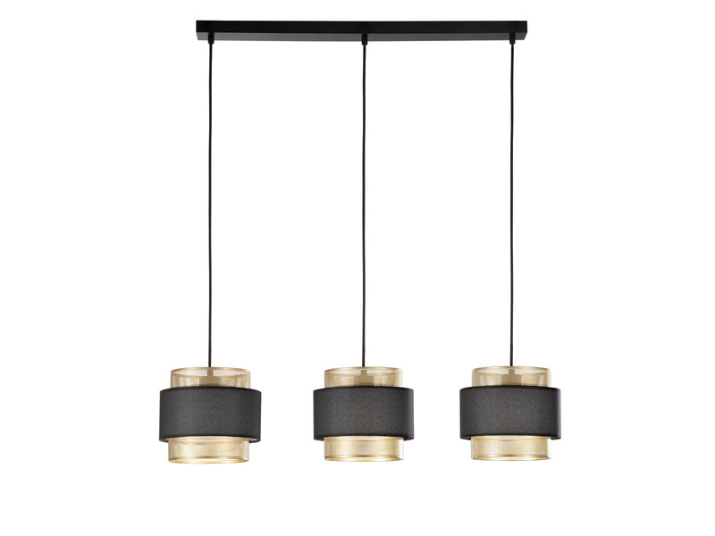 Pendelleuchte LOUNGE 3-flammig, Metall Gold mit Stoffblende Schwarz, Breite 85cm