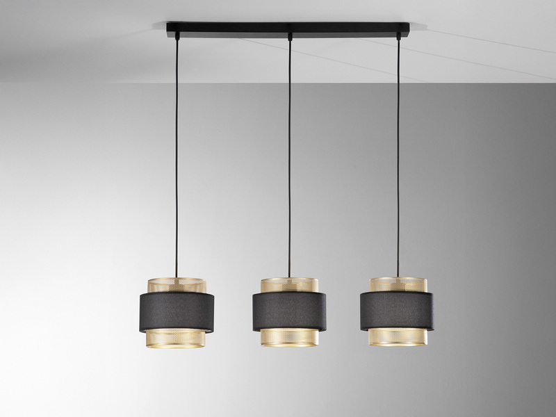 Pendelleuchte LOUNGE 3-flammig, Metall Gold mit Stoffblende Schwarz, Breite 85cm