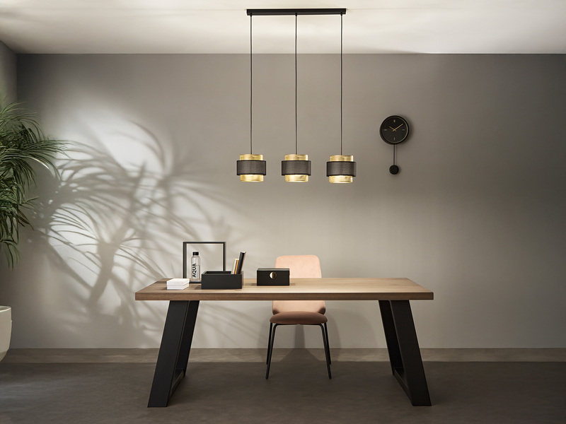 Pendelleuchte LOUNGE 3-flammig, Metall Gold mit Stoffblende Schwarz, Breite 85cm