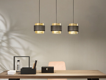 Pendelleuchte LOUNGE 3-flammig, Metall Gold mit Stoffblende Schwarz, Breite 85cm