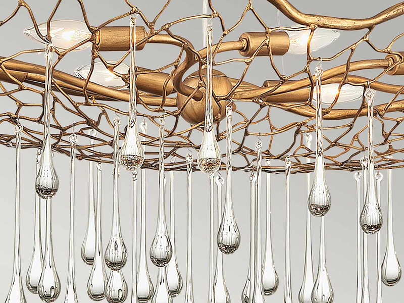 Ausgefallene Pendelleuchte LAGUNA Gold matt mit Glas Behang, Breite 107cm