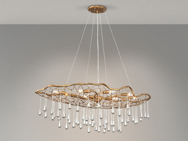 Ausgefallene Pendelleuchte LAGUNA Gold matt mit Glas Behang, Breite 107cm