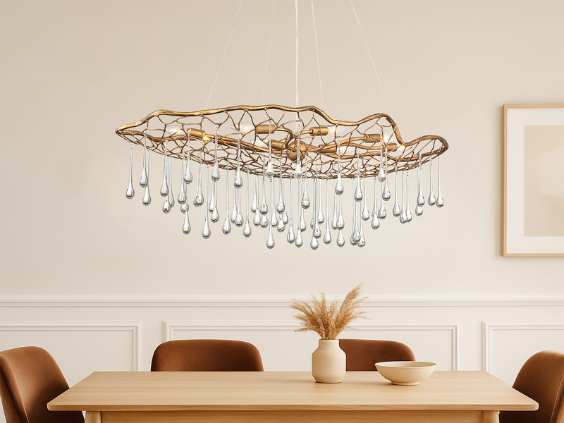 Ausgefallene Pendelleuchte LAGUNA Gold matt mit Glas Behang, Breite 107cm