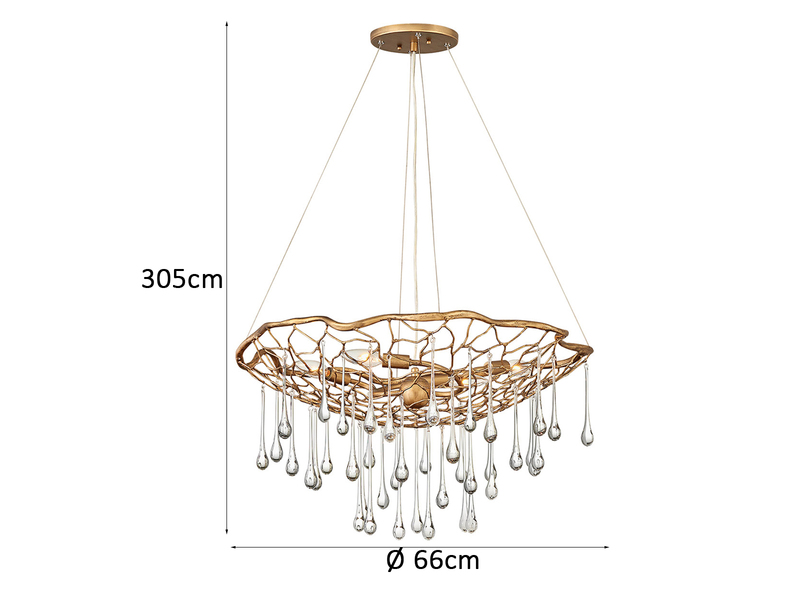 Ausgefallene Pendelleuchte LAGUNA Gold matt mit Glas Behang Ø 66cm