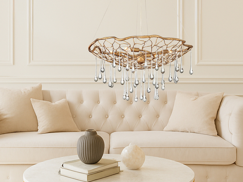 Ausgefallene Pendelleuchte LAGUNA Gold matt mit Glas Behang Ø 66cm