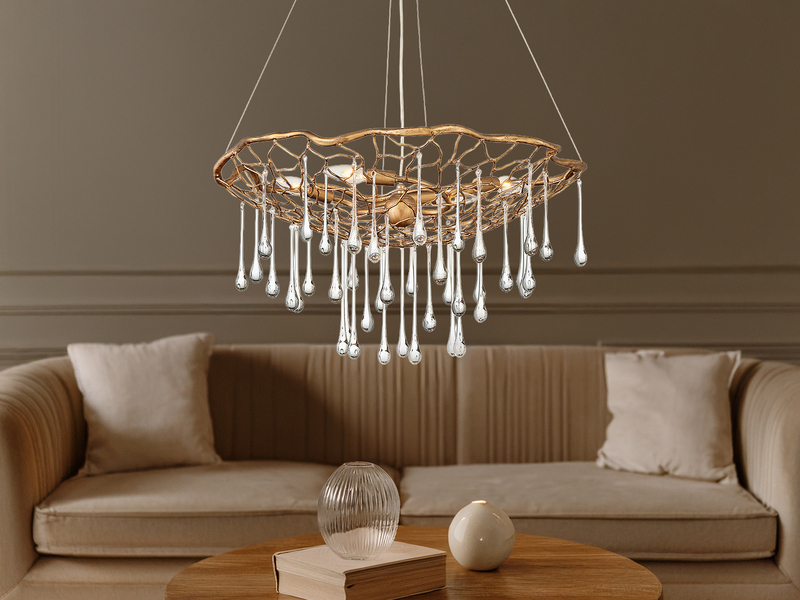 Ausgefallene Pendelleuchte LAGUNA Gold matt mit Glas Behang Ø 66cm