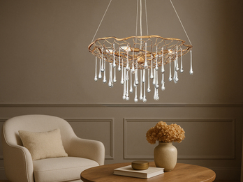 Ausgefallene Pendelleuchte LAGUNA Gold matt mit Glas Behang Ø 66cm