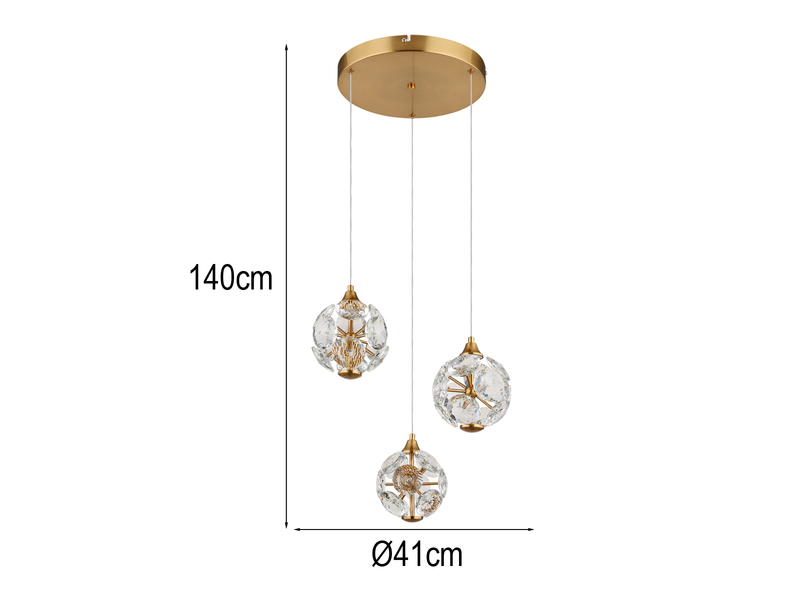 LED Pendelleuchte VIRINA 3-flammig Gold mit Kristall Glaskugeln, Ø 41cm