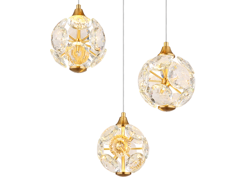 LED Pendelleuchte VIRINA 3-flammig Gold mit Kristall Glaskugeln, Ø 41cm