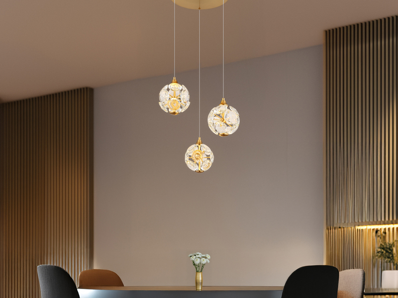 LED Pendelleuchte VIRINA 3-flammig Gold mit Kristall Glaskugeln, Ø 41cm