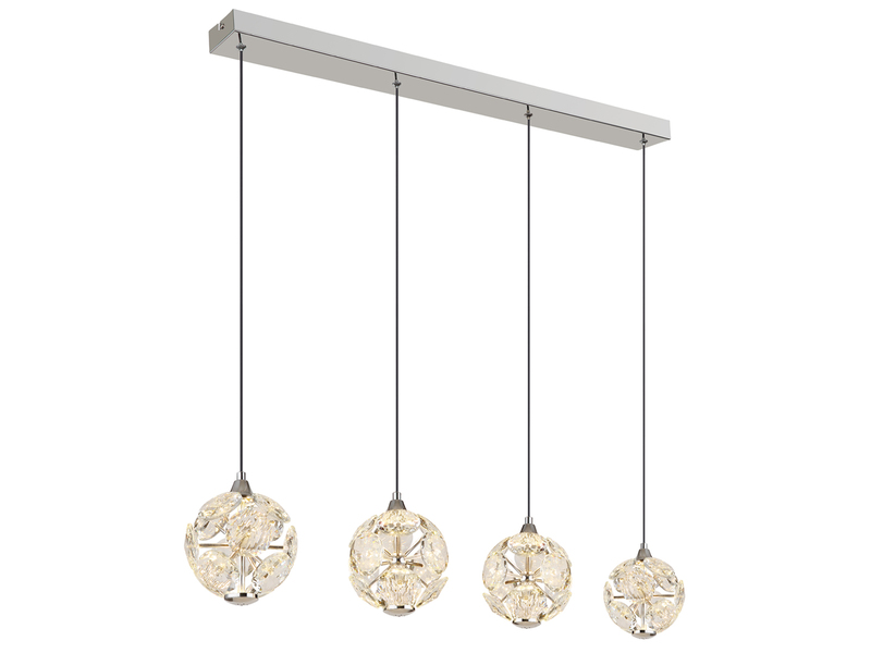 LED Pendelleuchte VIRINA 4-flammig Silber mit Kristall Glaskugeln, Breite 93cm