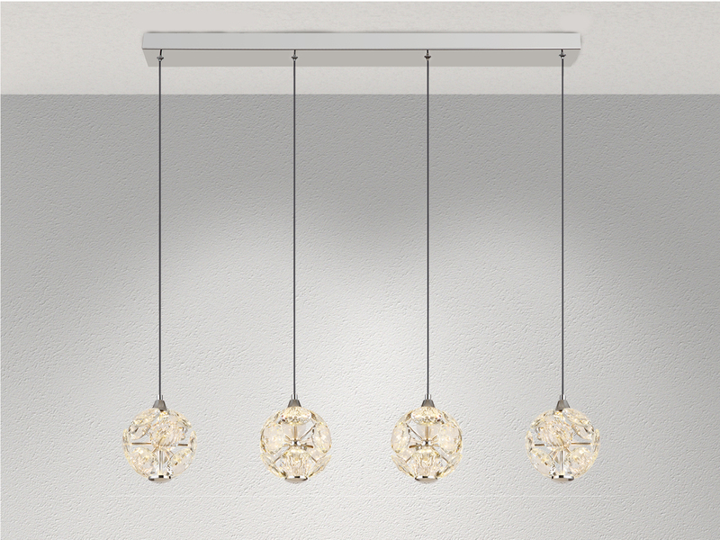 LED Pendelleuchte VIRINA 4-flammig Silber mit Kristall Glaskugeln, Breite 93cm