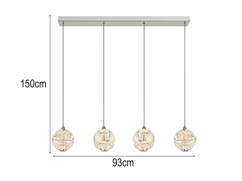 LED Pendelleuchte VIRINA 4-flammig Silber mit Kristall Glaskugeln, Breite 93cm