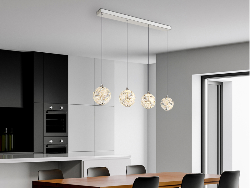 LED Pendelleuchte VIRINA 4-flammig Silber mit Kristall Glaskugeln, Breite 93cm