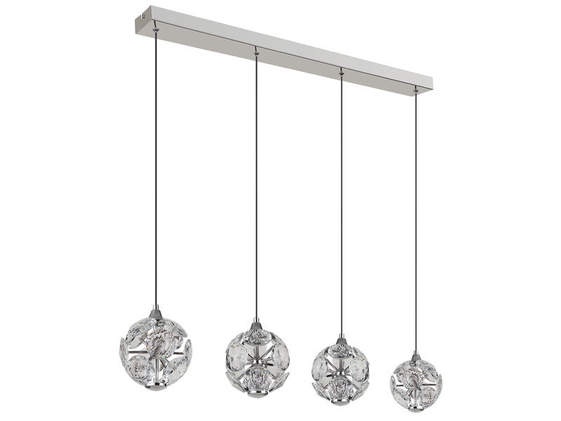 LED Pendelleuchte VIRINA 4-flammig Silber mit Kristall Glaskugeln, Breite 93cm
