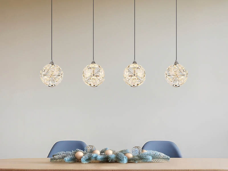 LED Pendelleuchte VIRINA 4-flammig Silber mit Kristall Glaskugeln, Breite 93cm