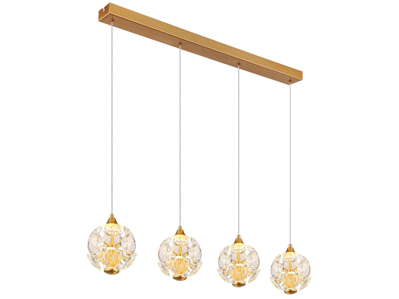 LED Pendelleuchte VIRINA 4-flammig Gold mit Kristall Glaskugeln, Breite 93cm