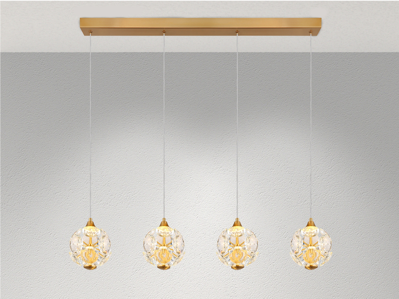 LED Pendelleuchte VIRINA 4-flammig Gold mit Kristall Glaskugeln, Breite 93cm