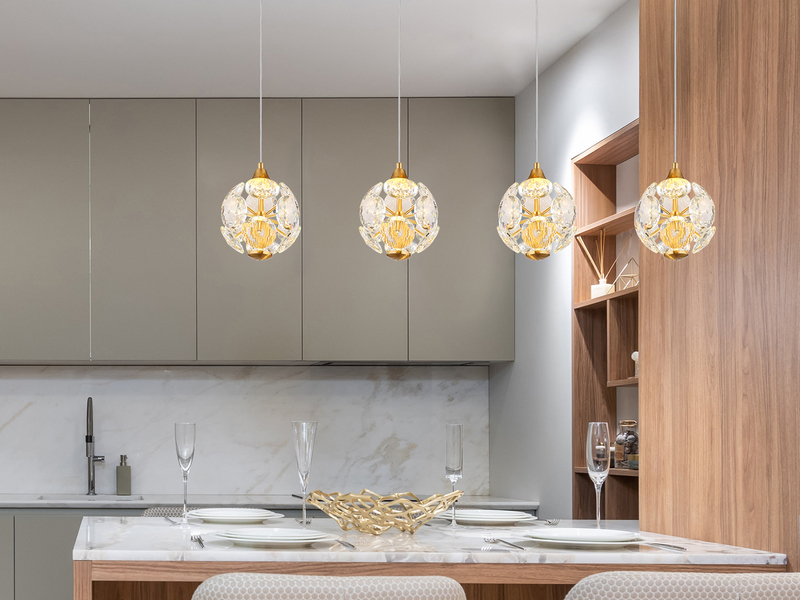 LED Pendelleuchte VIRINA 4-flammig Gold mit Kristall Glaskugeln, Breite 93cm