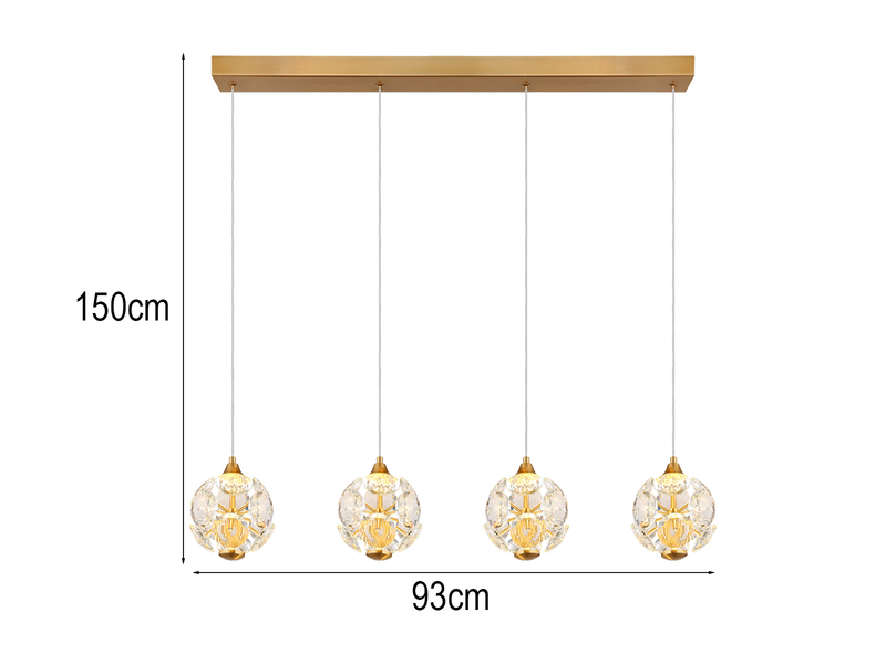 LED Pendelleuchte VIRINA 4-flammig Gold mit Kristall Glaskugeln, Breite 93cm
