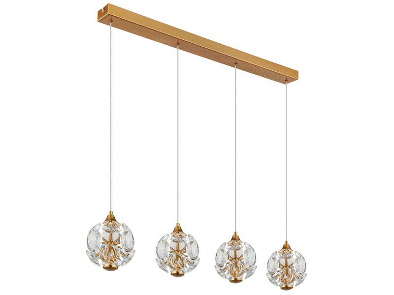 LED Pendelleuchte VIRINA 4-flammig Gold mit Kristall Glaskugeln, Breite 93cm