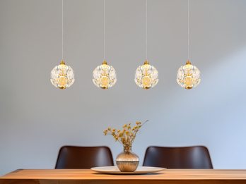 LED Pendelleuchte VIRINA 4-flammig Gold mit Kristall Glaskugeln, Breite 93cm