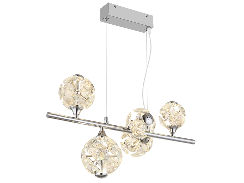 LED Pendelleuchte VIRINA 5-flammig Silber mit Kristall Glaskugeln, Breite 61cm