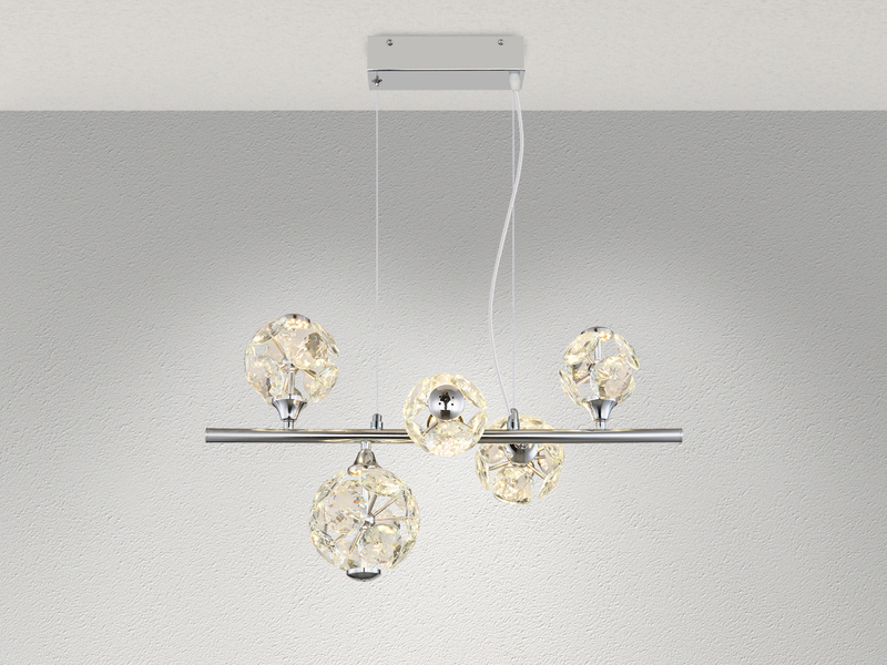 LED Pendelleuchte VIRINA 5-flammig Silber mit Kristall Glaskugeln, Breite 61cm