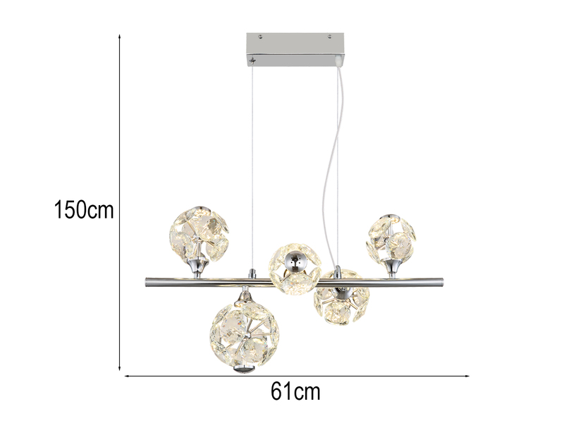 LED Pendelleuchte VIRINA 5-flammig Silber mit Kristall Glaskugeln, Breite 61cm