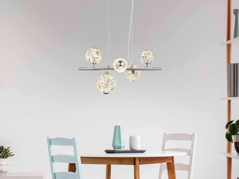 LED Pendelleuchte VIRINA 5-flammig Silber mit Kristall Glaskugeln, Breite 61cm