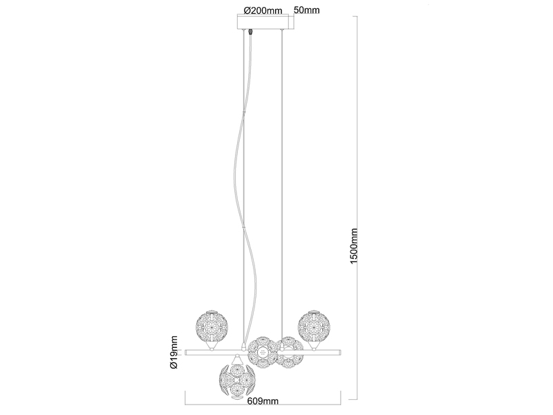 LED Pendelleuchte VIRINA 5-flammig Silber mit Kristall Glaskugeln, Breite 61cm