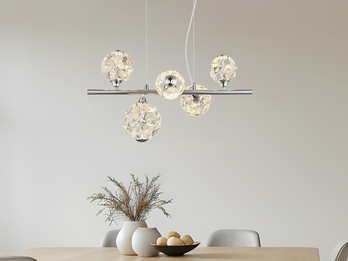LED Pendelleuchte VIRINA 5-flammig Silber mit Kristall Glaskugeln, Breite 61cm