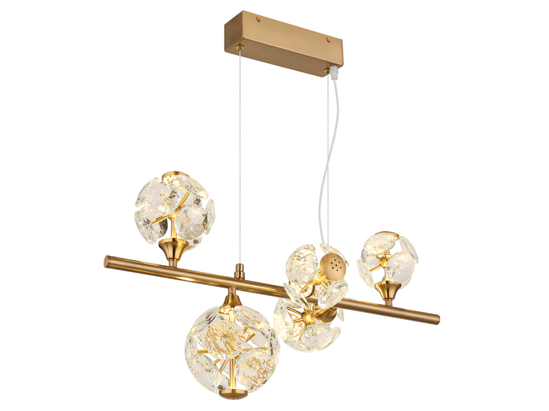 LED Pendelleuchte VIRINA 5-flammig Gold mit Kristall Glaskugeln, Breite 61cm