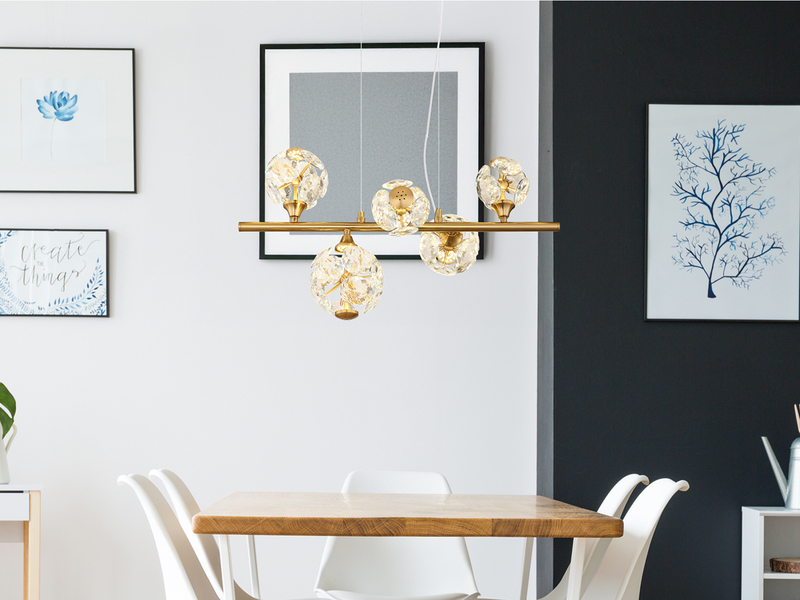 LED Pendelleuchte VIRINA 5-flammig Gold mit Kristall Glaskugeln, Breite 61cm