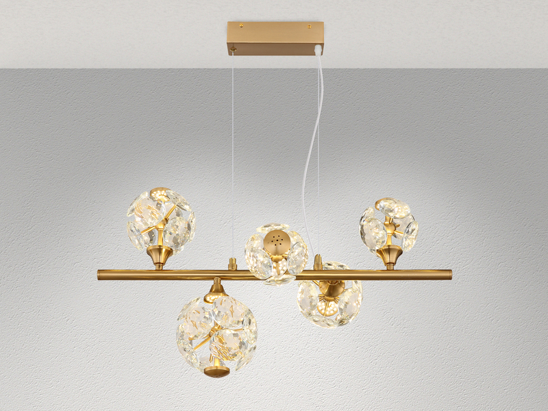 LED Pendelleuchte VIRINA 5-flammig Gold mit Kristall Glaskugeln, Breite 61cm