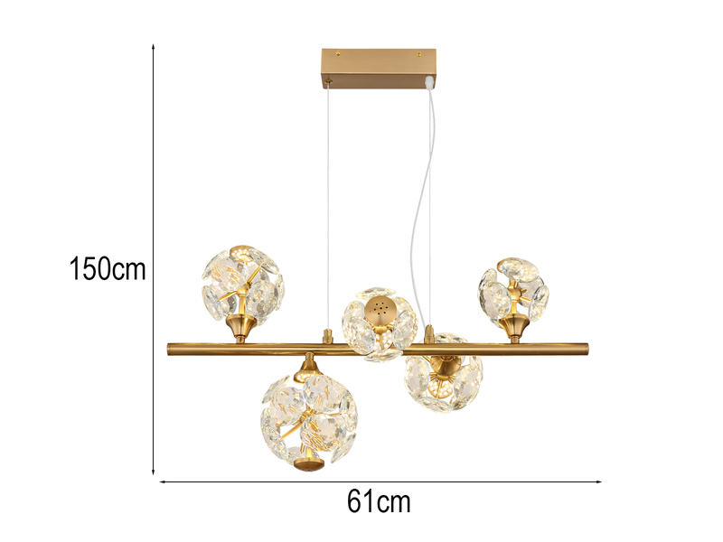 LED Pendelleuchte VIRINA 5-flammig Gold mit Kristall Glaskugeln, Breite 61cm