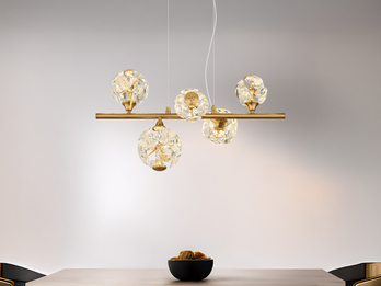 LED Pendelleuchte VIRINA 5-flammig Gold mit Kristall Glaskugeln, Breite 61cm