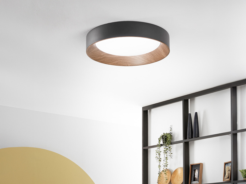 LED Deckenleuchte ARKA Schwarz mit Holzoptik, hell & 3 Lichtfarben Ø 50cm