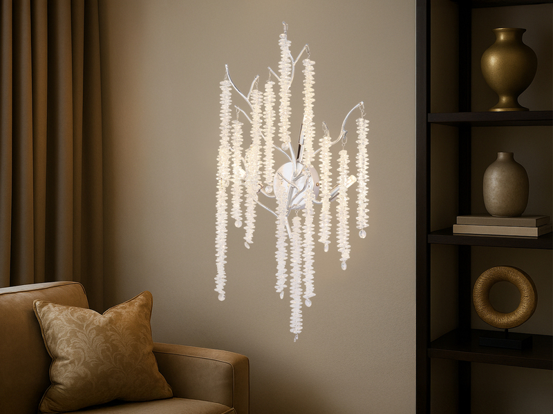 Ausgefallene LED Wandlampe Silber Chrom mit Kristall, Höhe 60cm