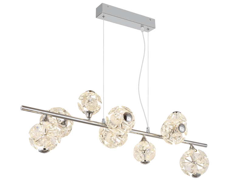 LED Pendelleuchte VIRINA 9-flammig Silber mit Kristall Glaskugeln, Breite 101cm